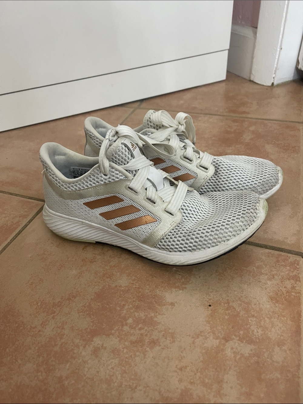 adidas White Mesh Sneakers with Metallic Copper Stripes